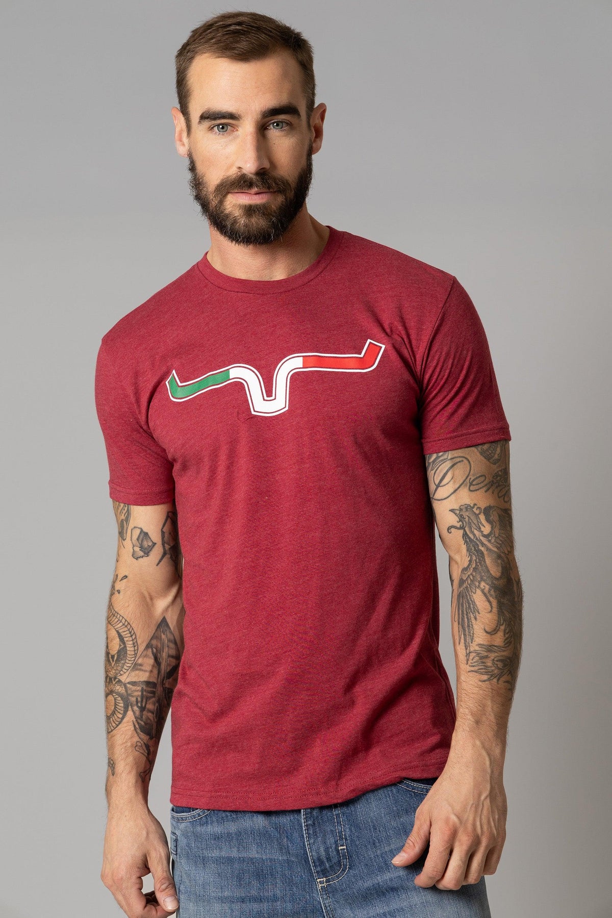 Kimes Ranch Semana Shirt in Cardinal with a graphic of a winding road in green, white, and red
