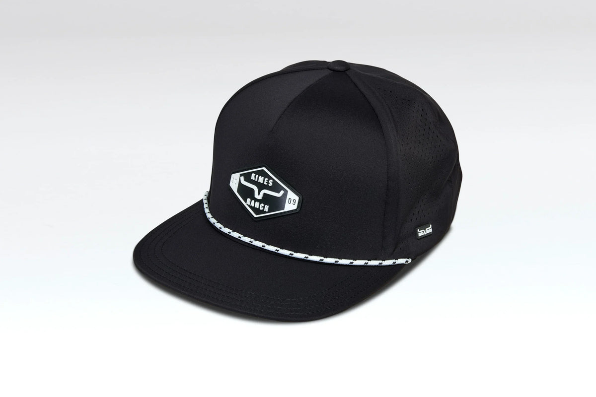 Kimes Ranch Serrano Trucker hat in Black with a front logo and white braided trim
