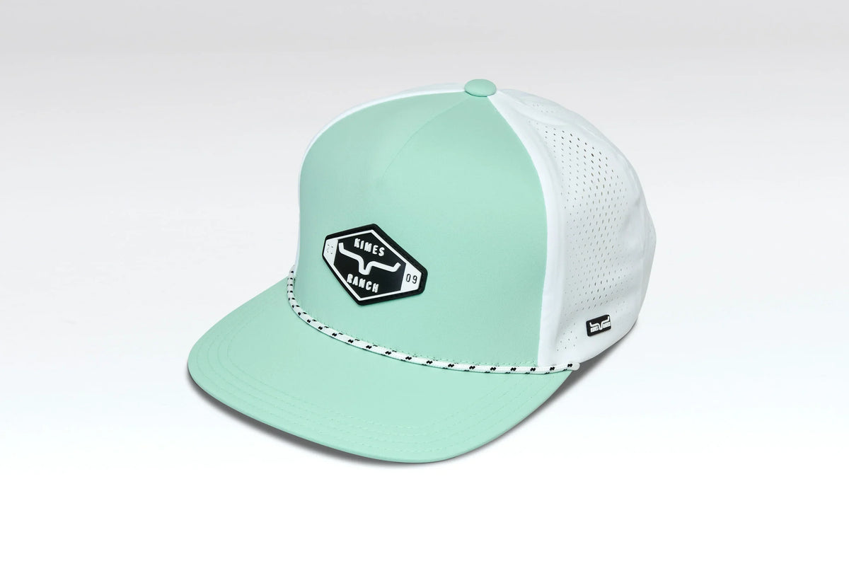 Kimes Ranch Serrano Trucker hat in Lime, side view, with white mesh back and Kimes Ranch logo patch