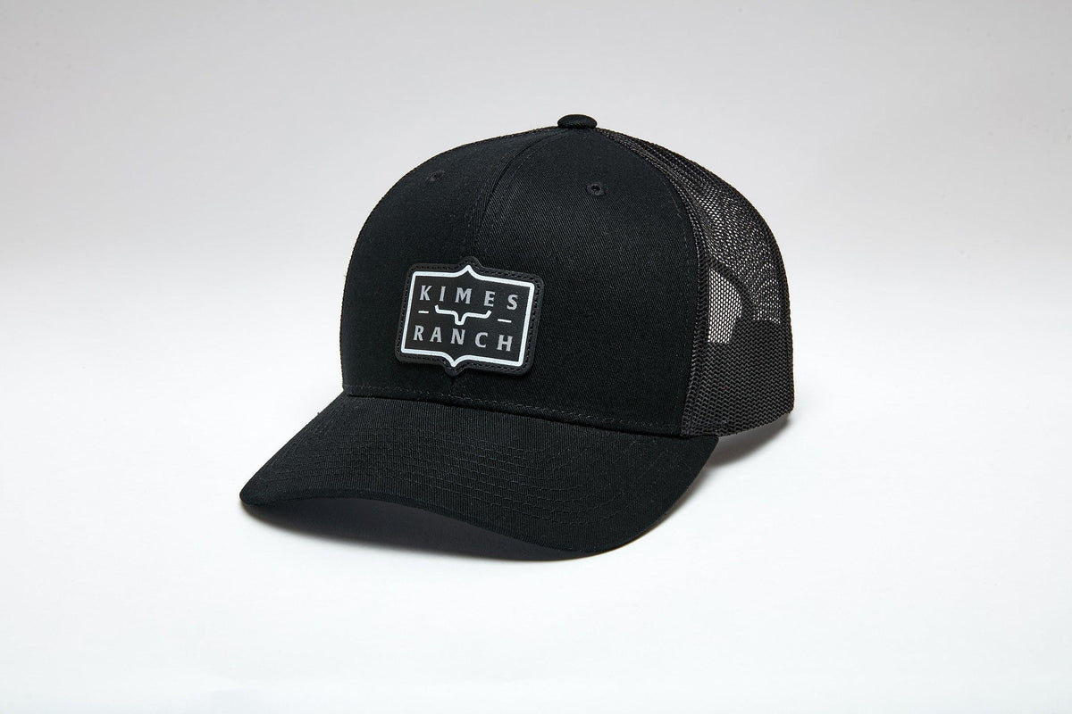 Kimes Ranch Sheridan Black trucker hat with mesh back and embroidered logo