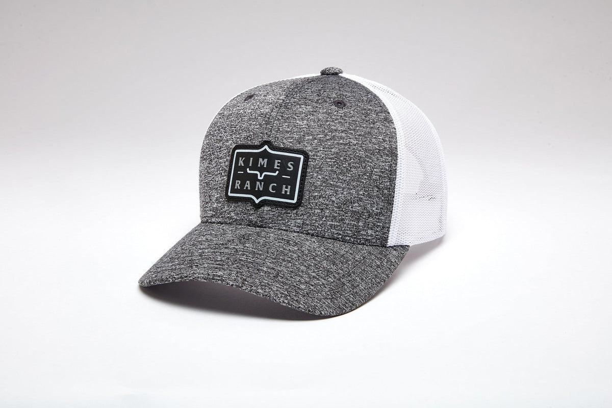 Kimes Ranch Sheridan hat in Heather Grey, side view, with white mesh back and Kimes Ranch logo patch