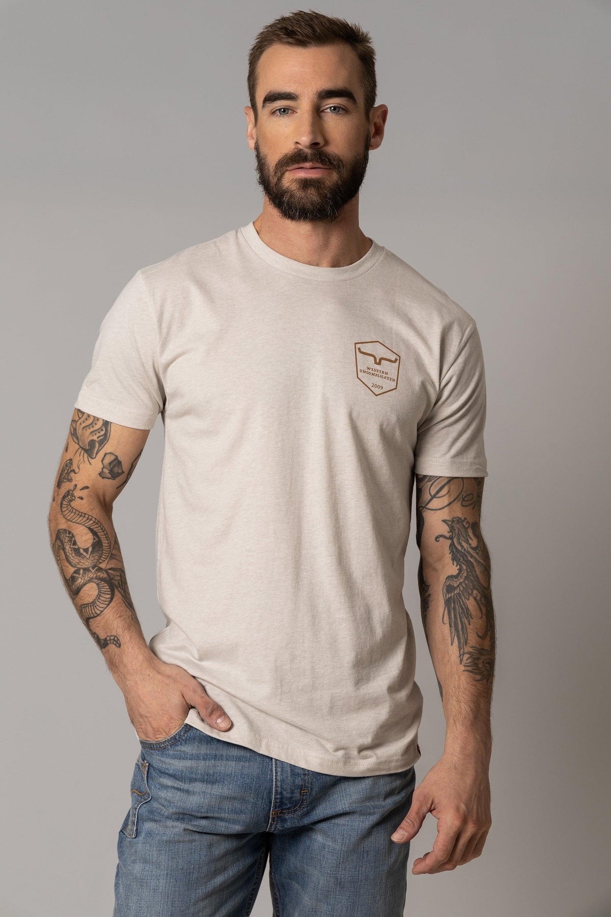 Kimes Ranch Shielded Trucker Shirt in Sand with chest pocket and logo