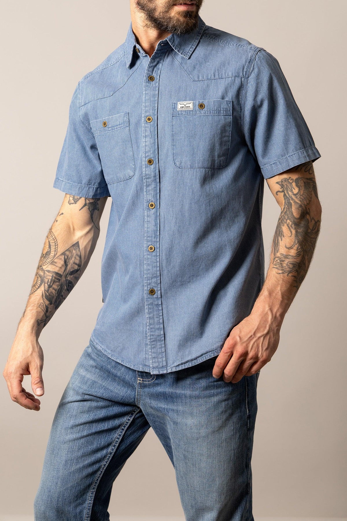 Kimes Ranch Shifter short sleeve dress shirt in Indigo with chest pockets and a logo patch