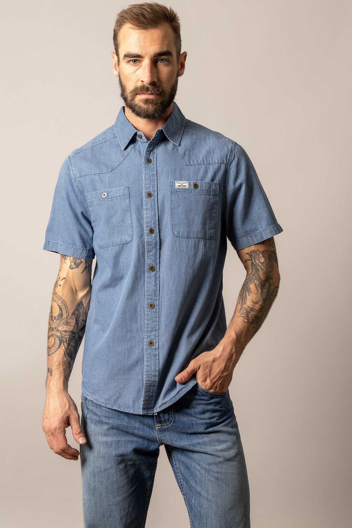 Kimes Ranch Shifter short sleeve dress shirt in Indigo with a button front and two chest pockets