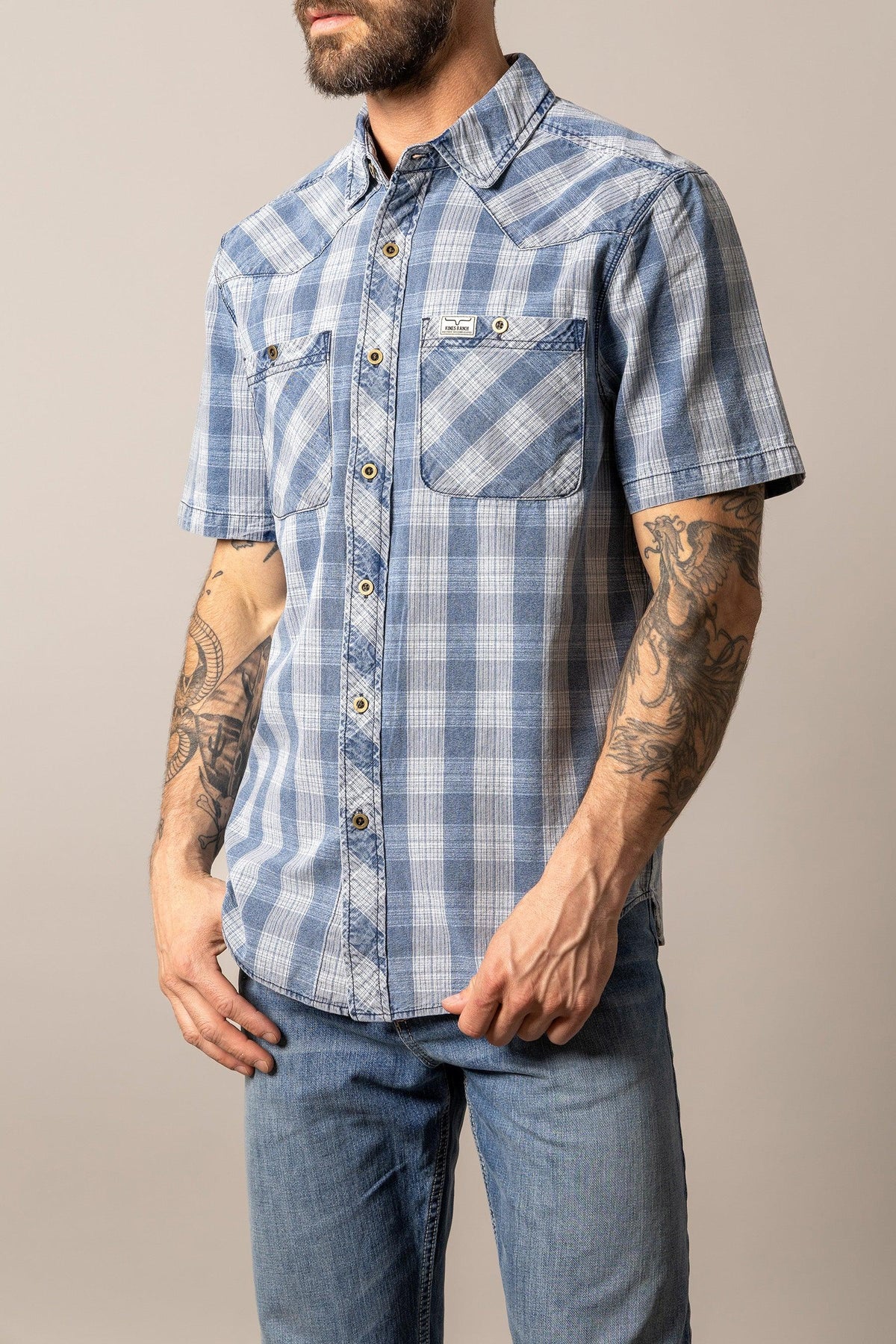 Kimes Ranch Shifter dress shirt in Indigo Plaid with short sleeves and two chest pockets