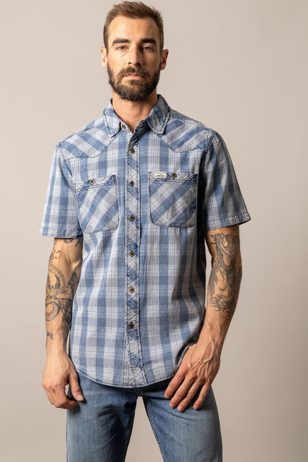 Kimes Ranch Shifter dress shirt in Indigo Plaid with chest pockets and a logo patch