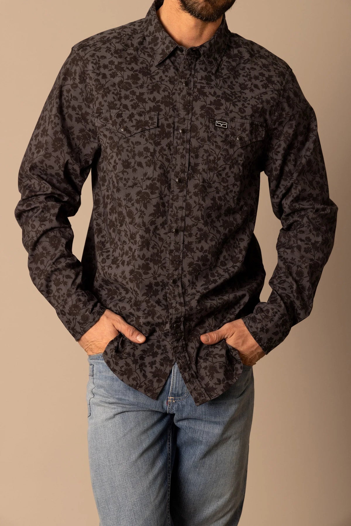 Kimes Ranch Show Vines dress shirt in Black with a floral pattern and two chest pockets