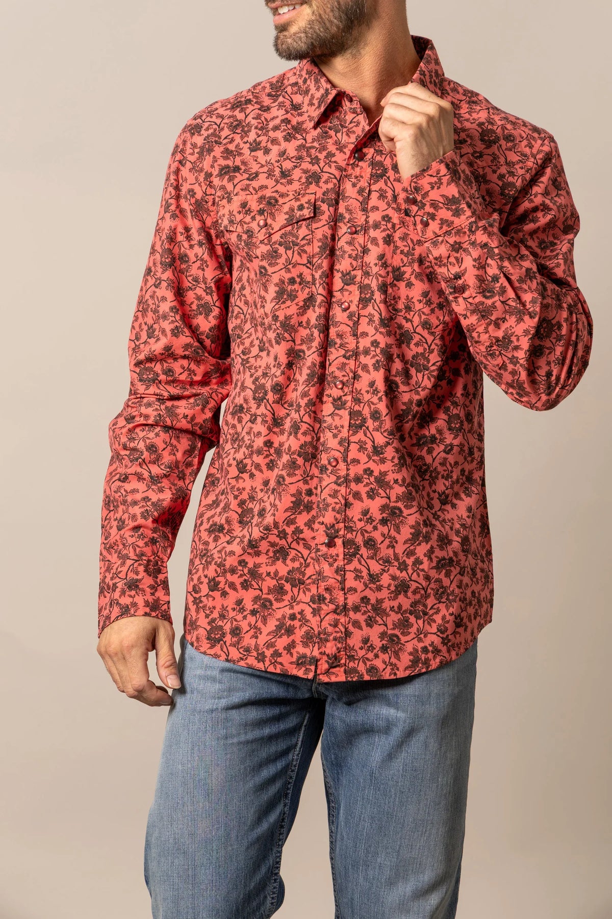 Kimes Ranch Show Vines dress shirt in Red with a black floral print and button front