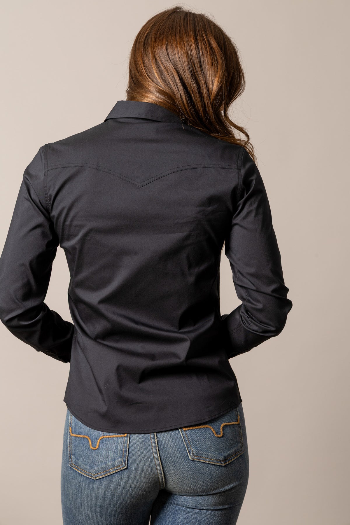 Kimes Ranch Skeeter, back view, Black top with a yoke and long sleeves