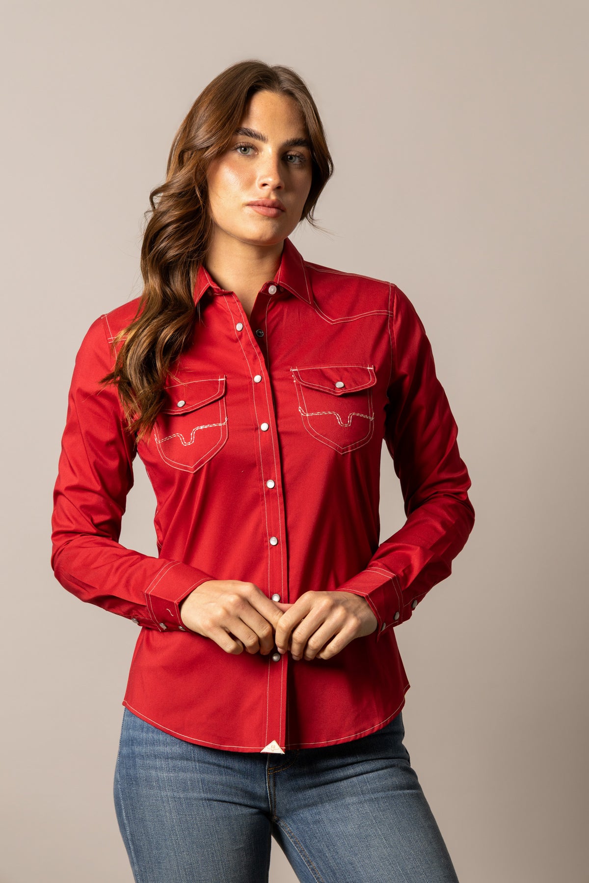 Kimes Ranch Skeeter long sleeve Red top with contrast stitching and two chest pockets
