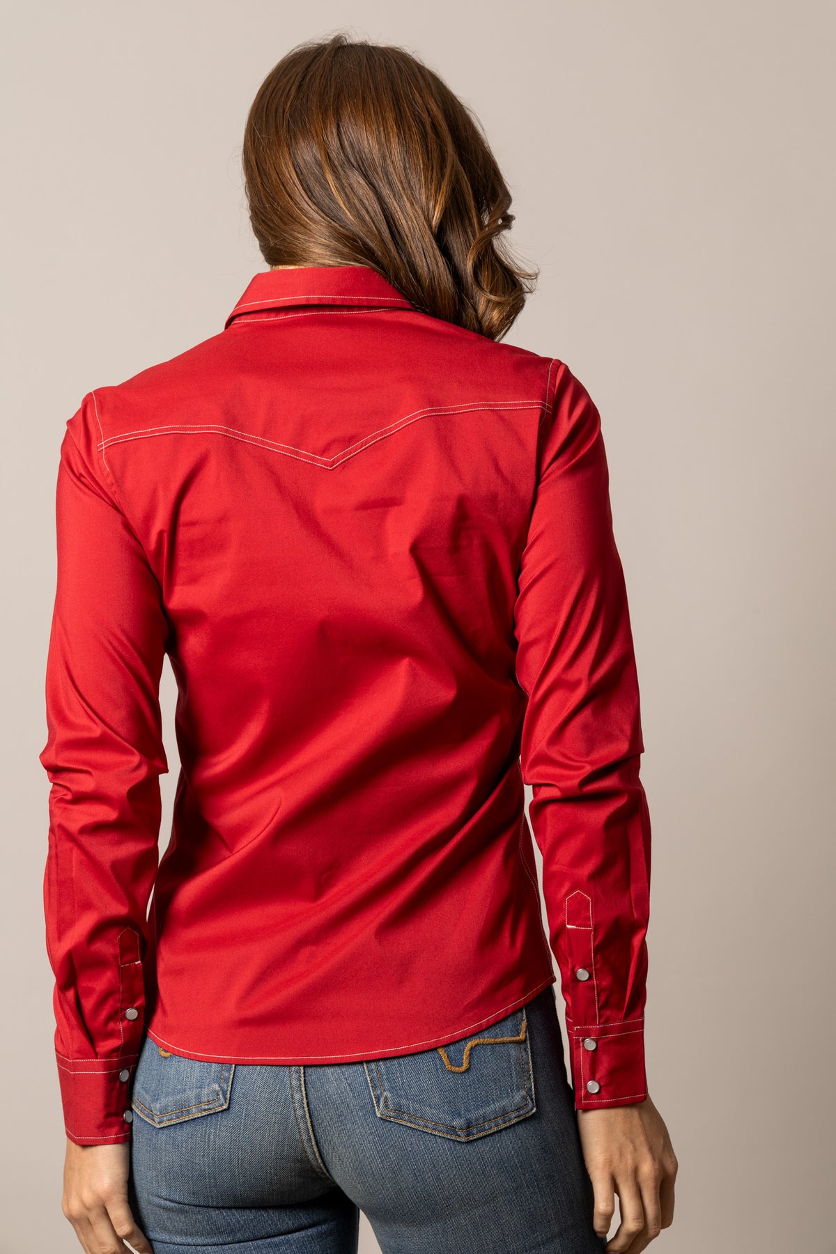 Kimes Ranch Skeeter top in Red, back view, with long sleeves and contrast stitching on the back yoke