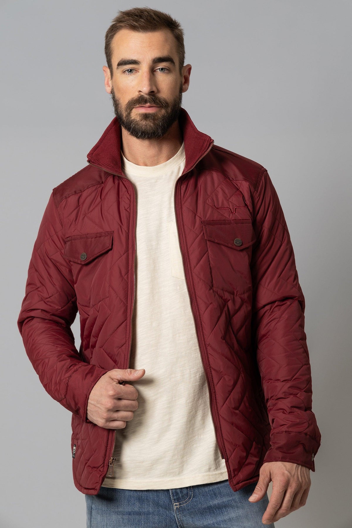 Kimes Ranch Skink Jacket in Burgundy with a stand collar and diamond quilting