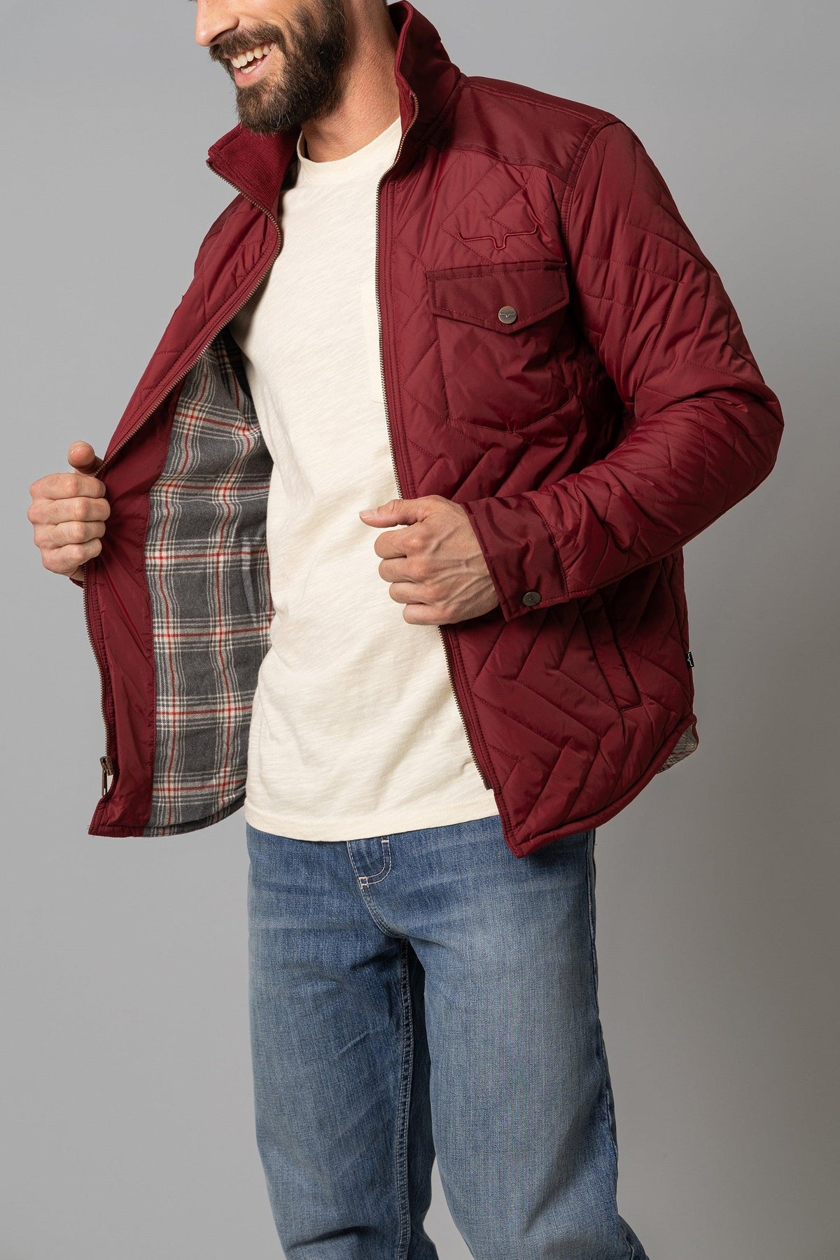 Kimes Ranch Skink Jacket in Burgundy with quilted diamond stitching and plaid lining