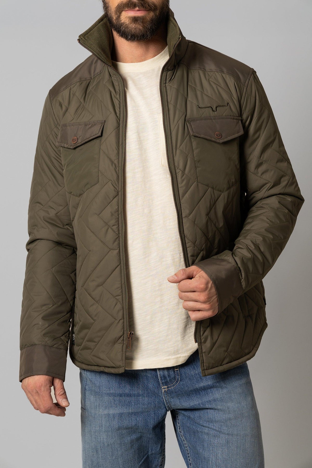 Kimes Ranch Skink Jacket in Military Green with quilted chevron pattern and front flap pockets