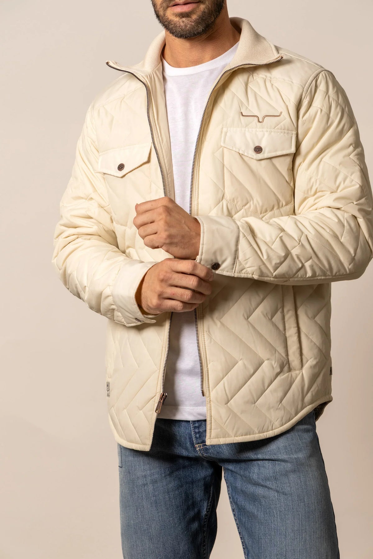 Kimes Ranch Skink Jacket in Natural with a chevron quilted pattern and front flap pockets