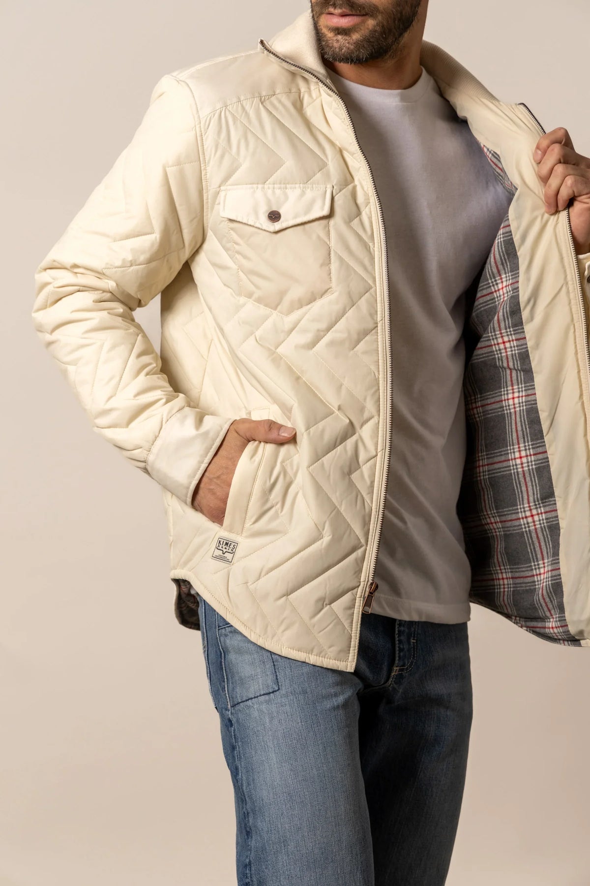 Kimes Ranch Skink Jacket in Natural with chevron quilting and plaid lining