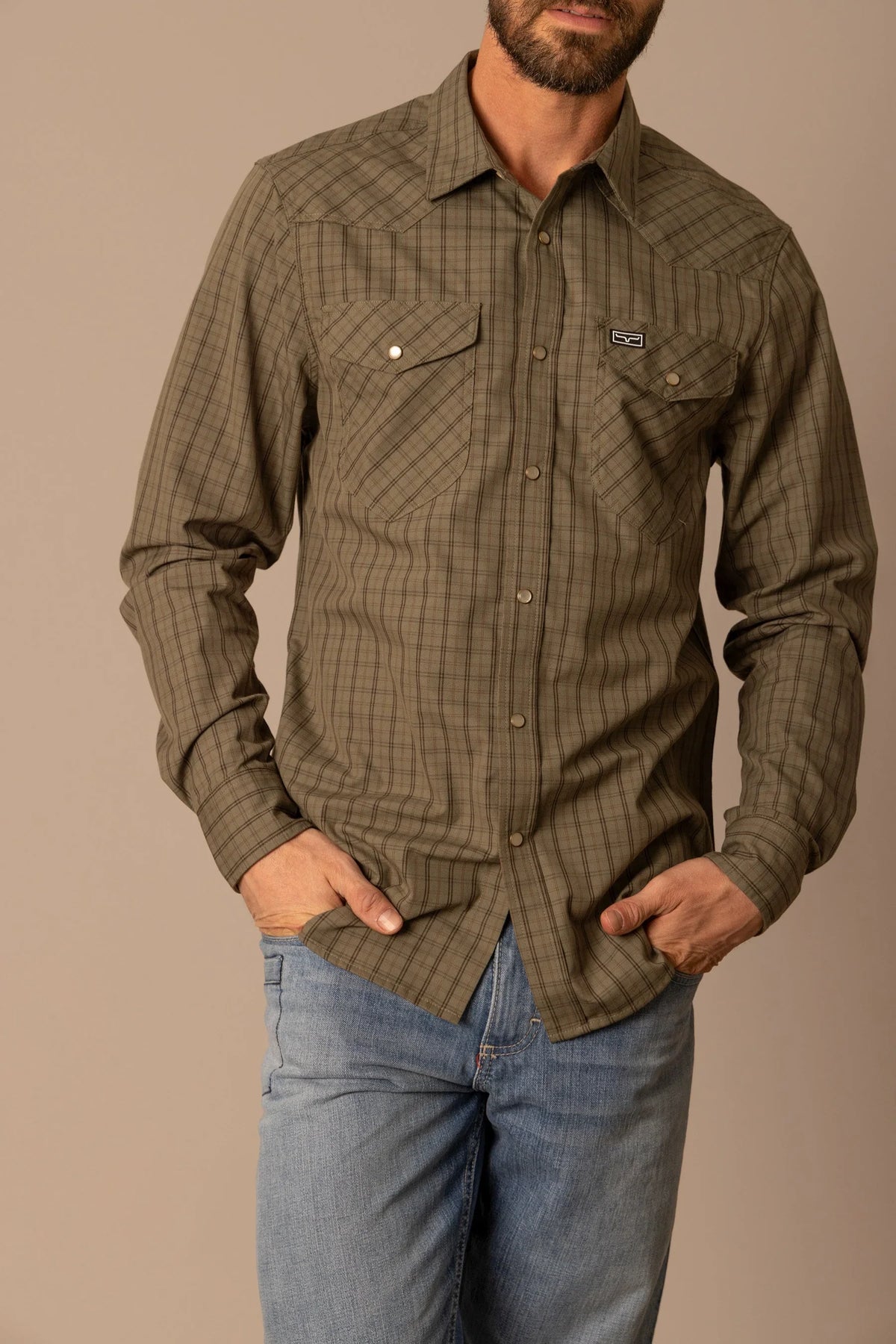 Kimes Ranch Smalls dress shirt in Army Green with a plaid pattern and two chest pockets
