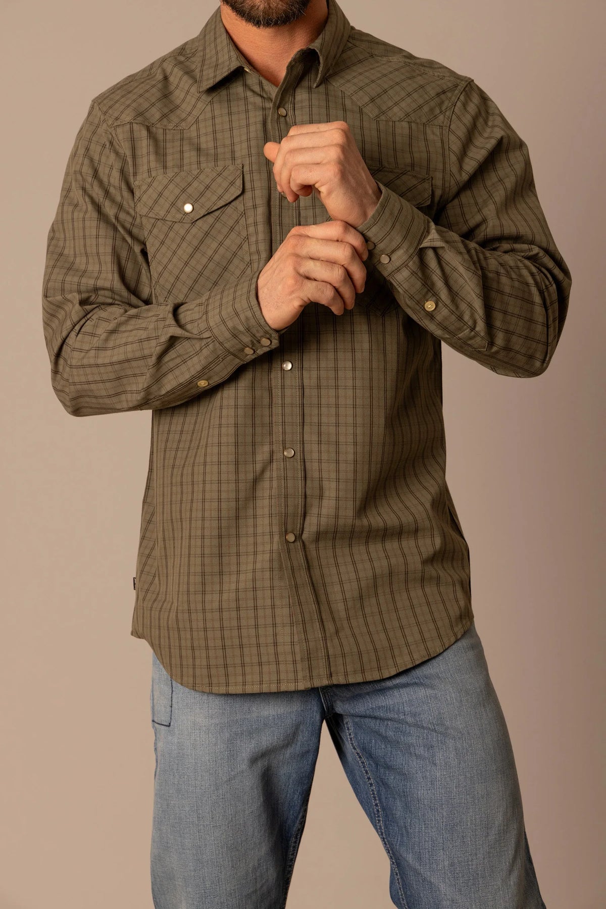 Kimes Ranch Smalls dress shirt in Army with a plaid pattern and snap-button chest pockets