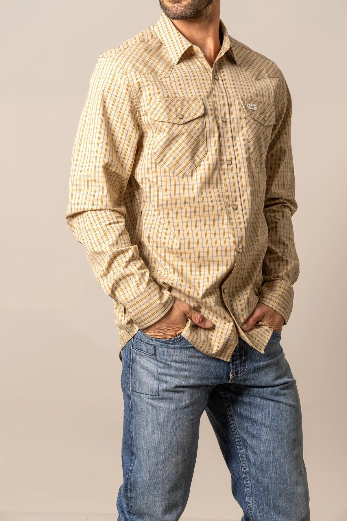 Kimes Ranch Smalls dress shirt in Tan with a plaid pattern and chest pockets