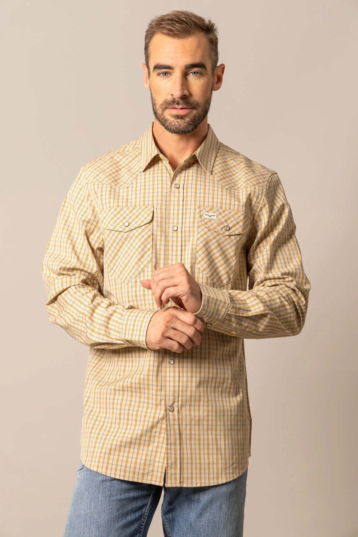 Kimes Ranch Smalls dress shirt in Tan with a plaid pattern and chest pockets