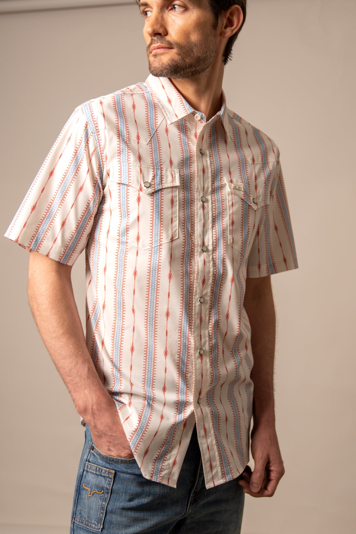 Kimes Ranch Sonny dress shirt in Brick Red with blue and red vertical stripes and two chest pockets