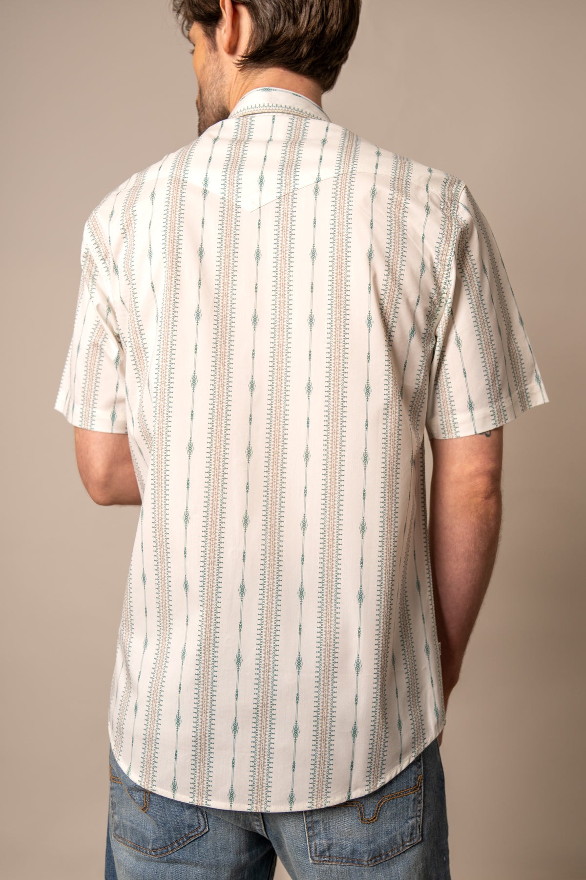 Kimes Ranch Sonny dress shirt in Green, back view, with vertical patterned stripes and a back yoke