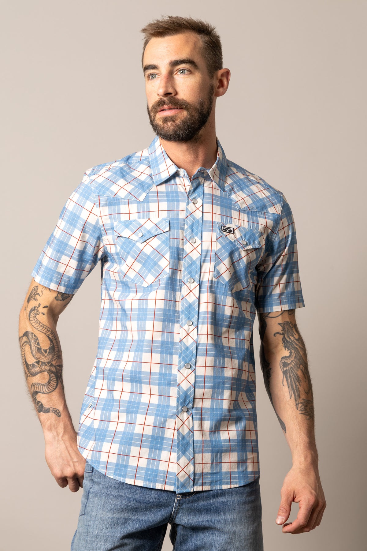 Kimes Ranch Spade short sleeve dress shirt in Blue with white and red plaid pattern and two chest pockets