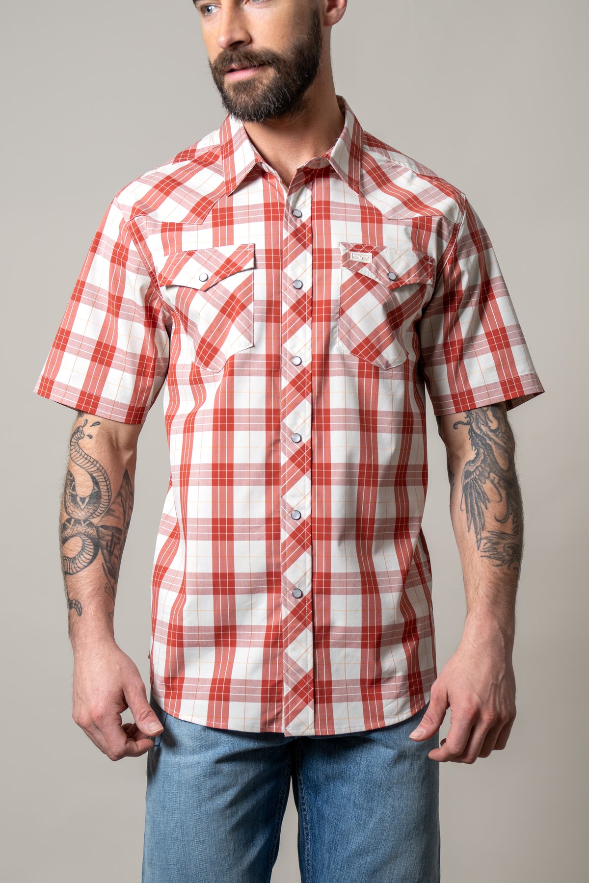 Kimes Ranch Spade dress shirt in Brick Red with a plaid pattern and two chest pockets