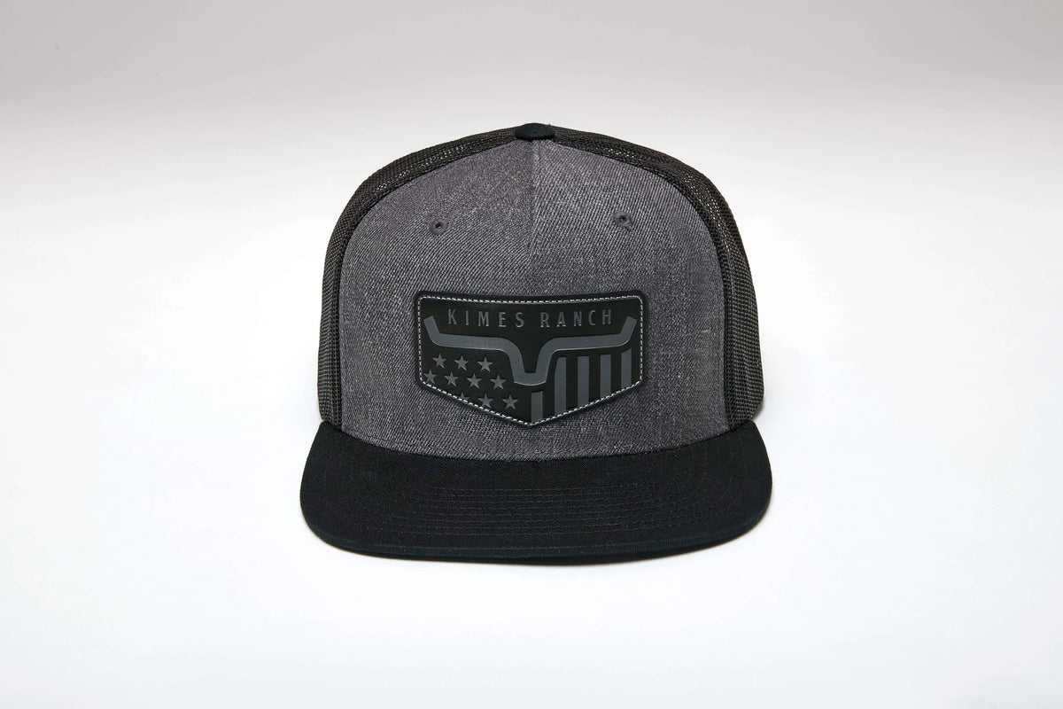 Kimes Ranch Spangled hat in Charcoal Heather with a black brim and mesh back featuring the Kimes Ranch logo