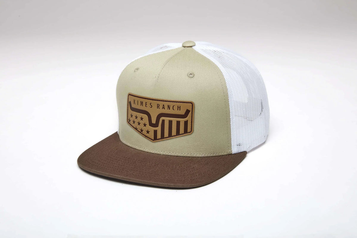 Kimes Ranch Spangled hat in Khaki, side view, with a brown brim and white mesh back featuring the Kimes Ranch logo