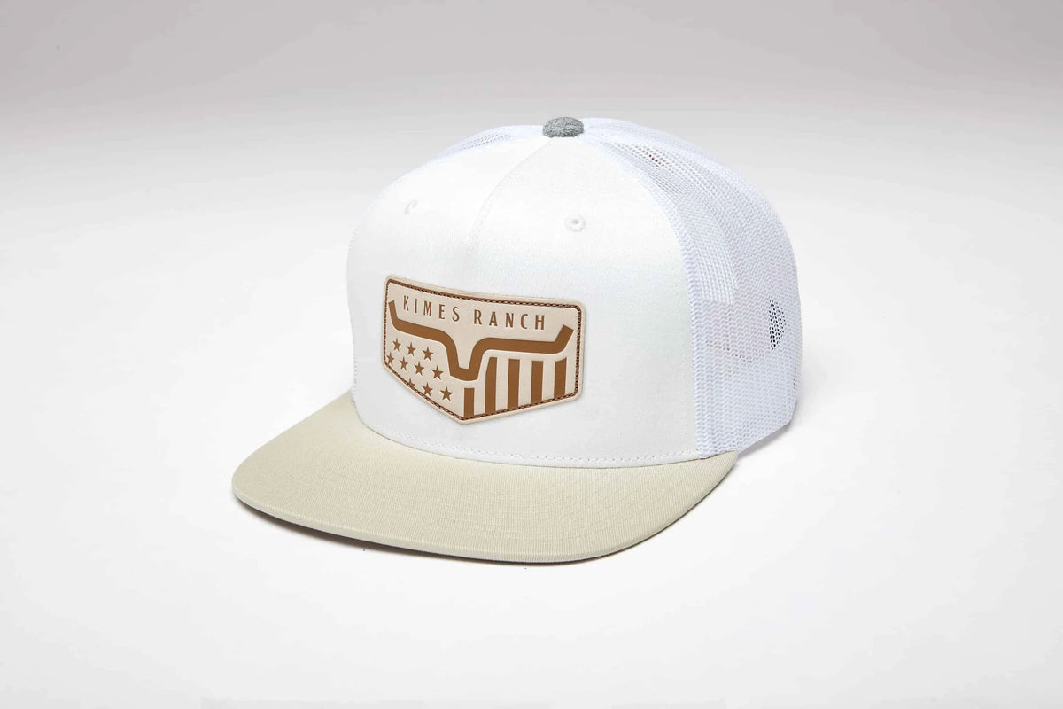 Kimes Ranch Spangled hat in White with a tan brim and a brown Kimes Ranch logo patch on the front