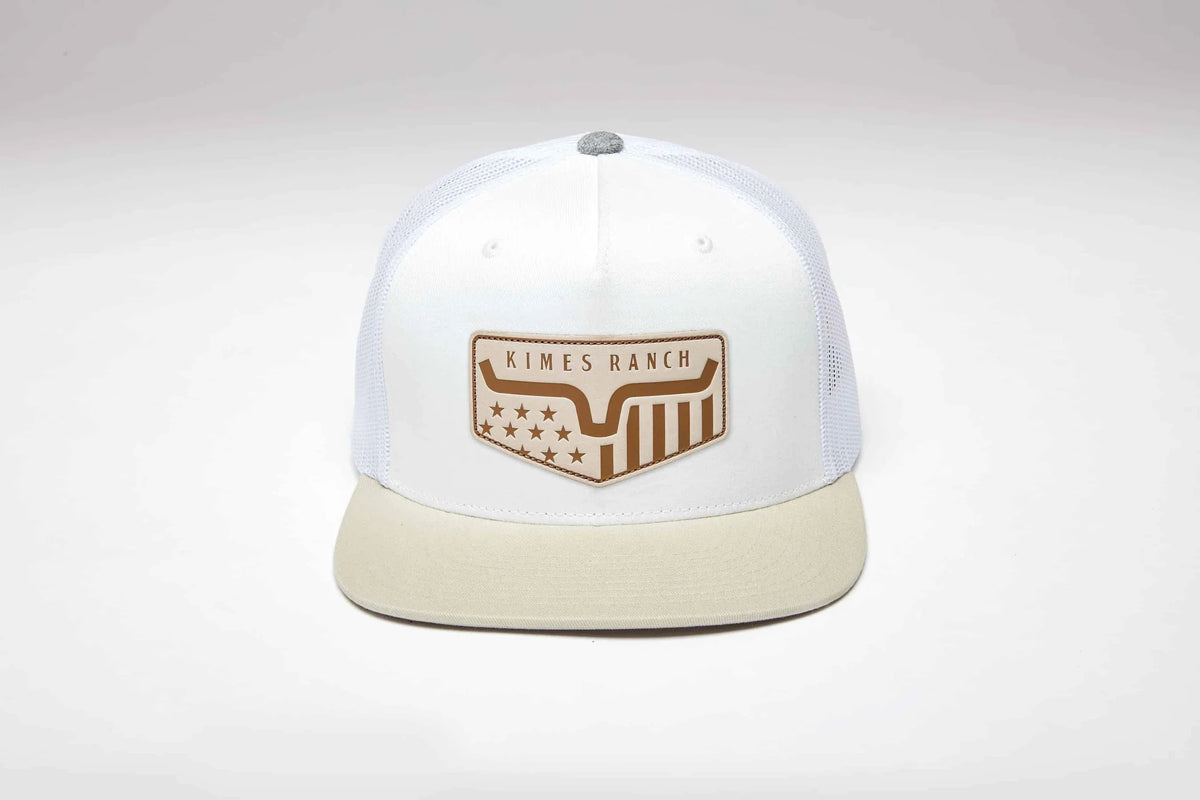 Kimes Ranch Spangled Hat in White with a tan brim and a tan Kimes Ranch logo patch on the front
