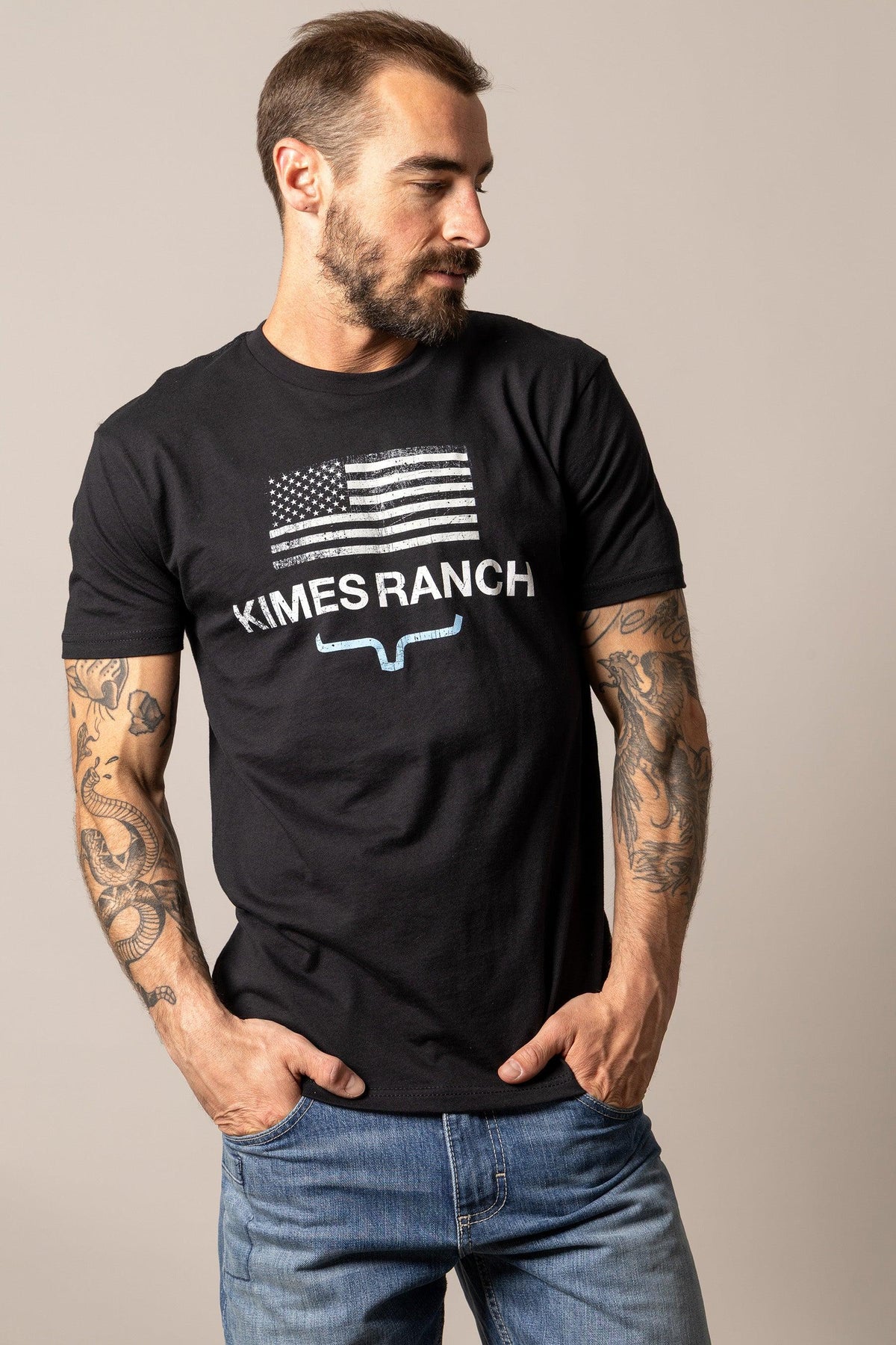 Kimes Ranch Stability shirt in Black with a distressed American flag graphic and the Kimes Ranch logo