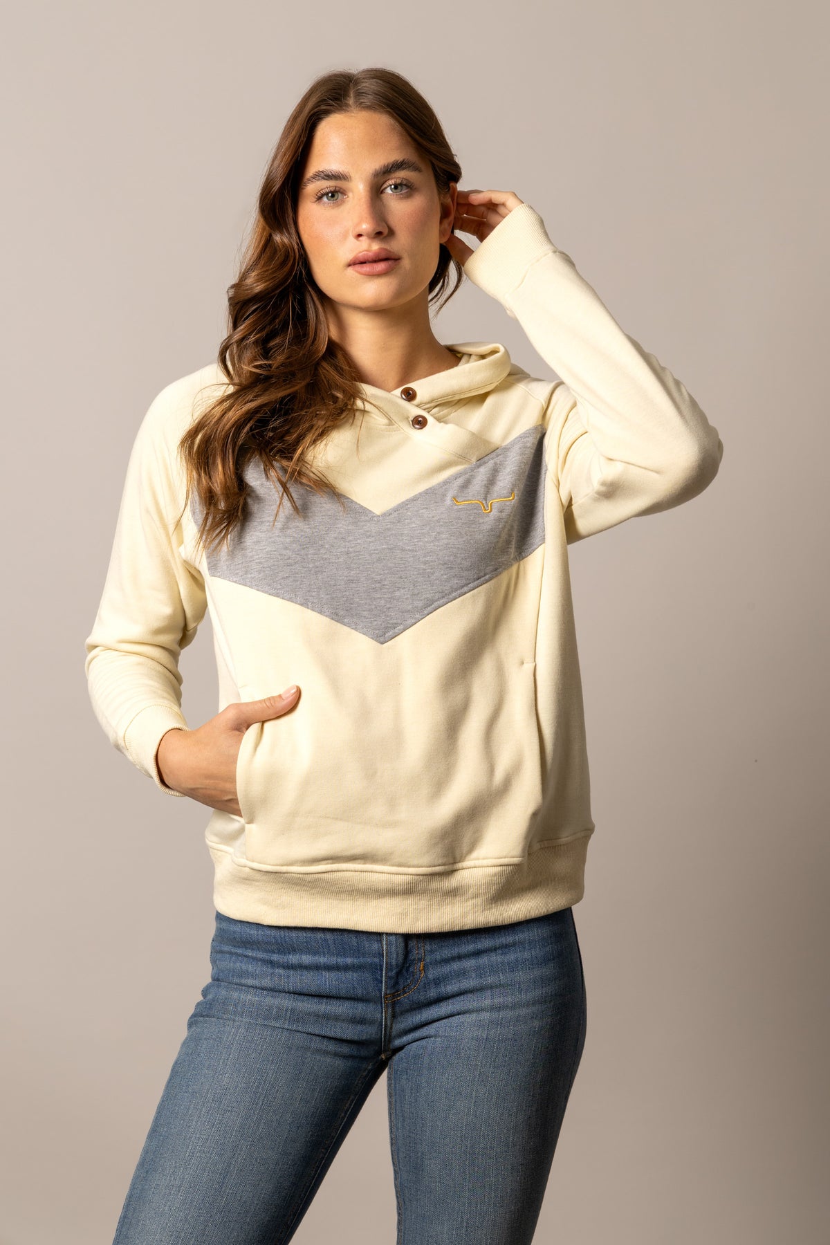 Kimes Ranch Stella hoodie in Butter with grey chevron panel and Kimes Ranch logo
