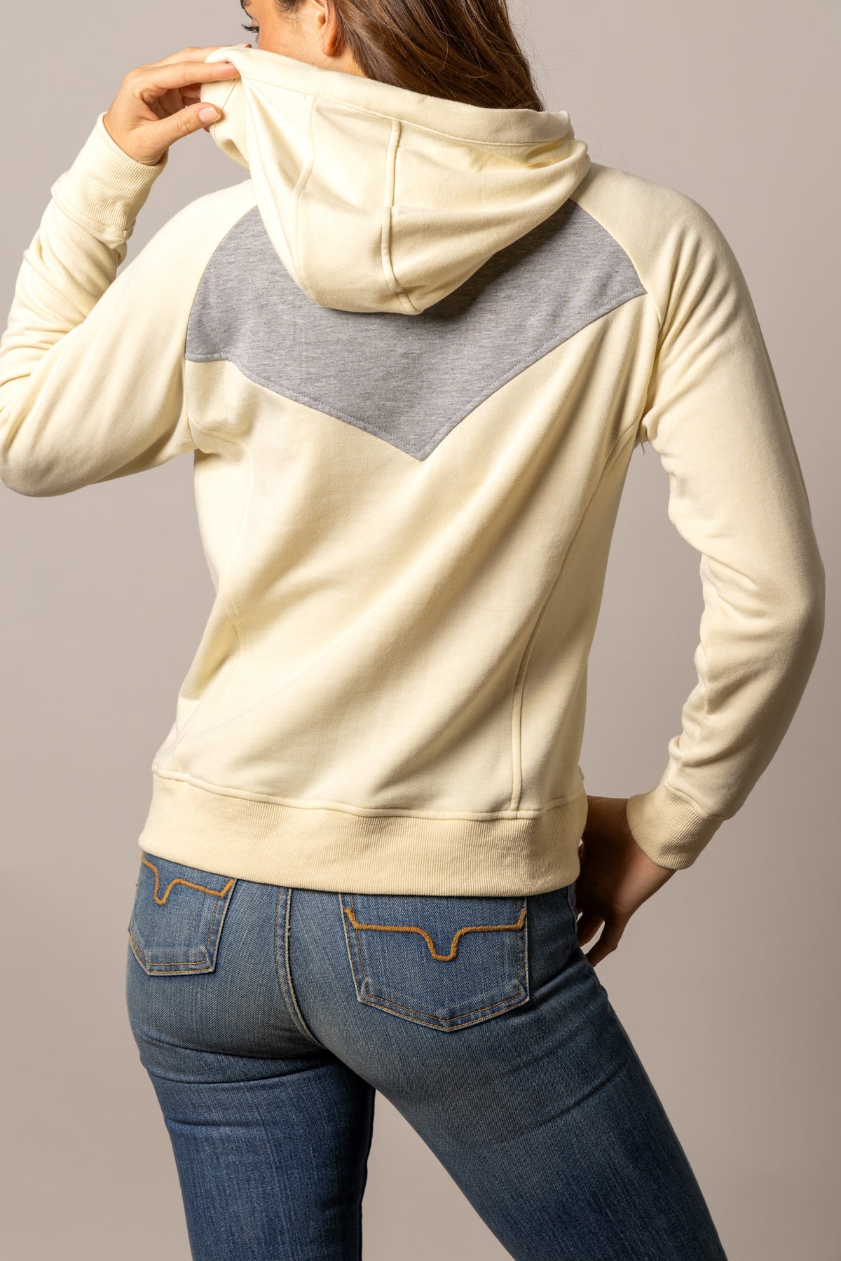 Kimes Ranch Stella hoodie in Butter, back view, with grey back yoke and hood