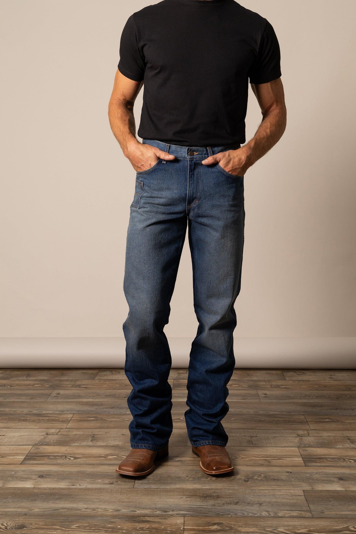 Kimes Ranch Stewart Relaxed Bootcut jeans in blue with front pockets and relaxed fit