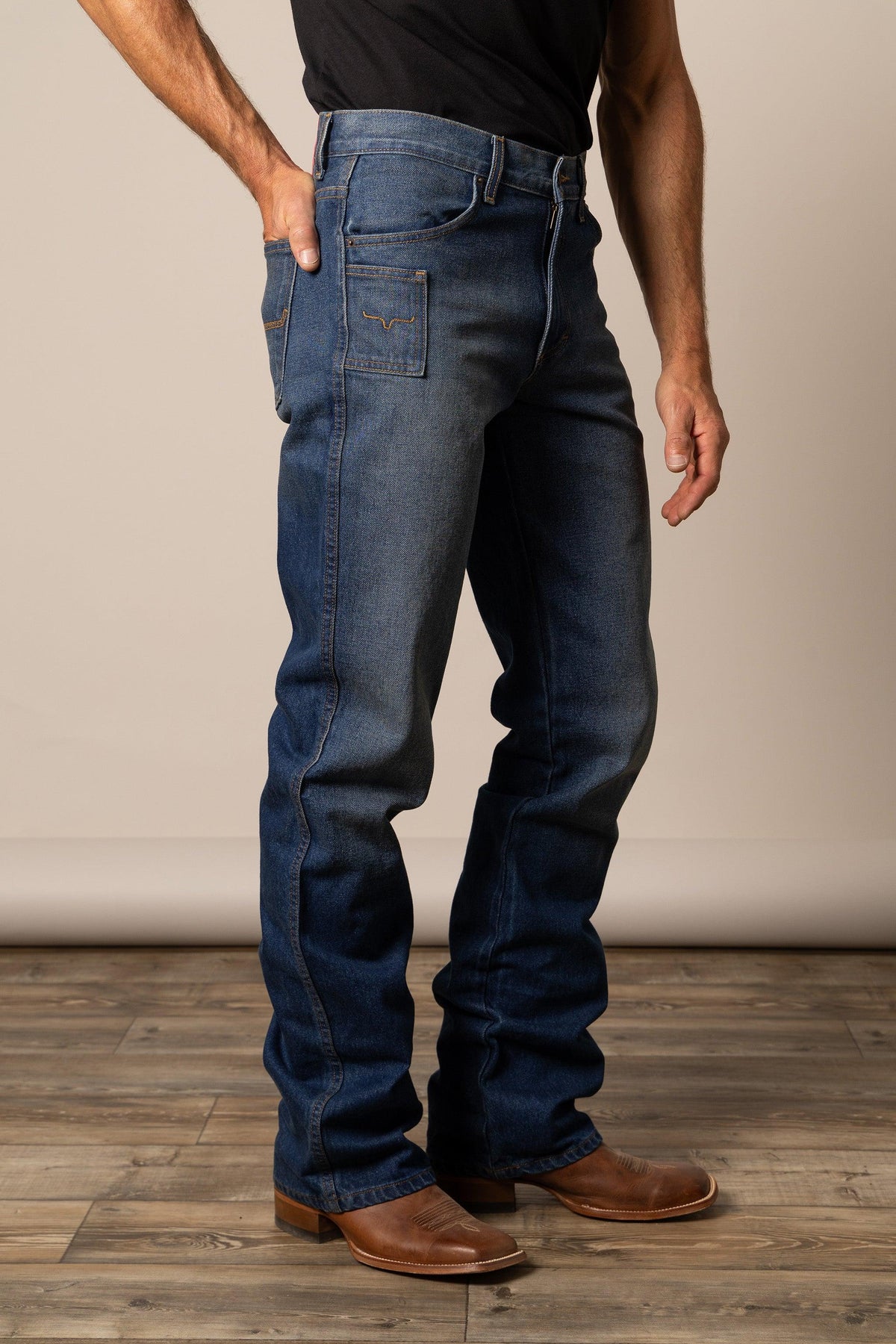 Kimes Ranch Stewart Relaxed Bootcut jeans in blue with back pockets and logo