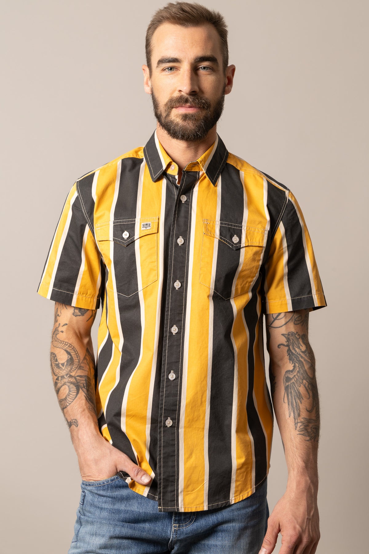 Kimes Ranch Stoppy dress shirt in Black with yellow and white vertical stripes and two chest pockets