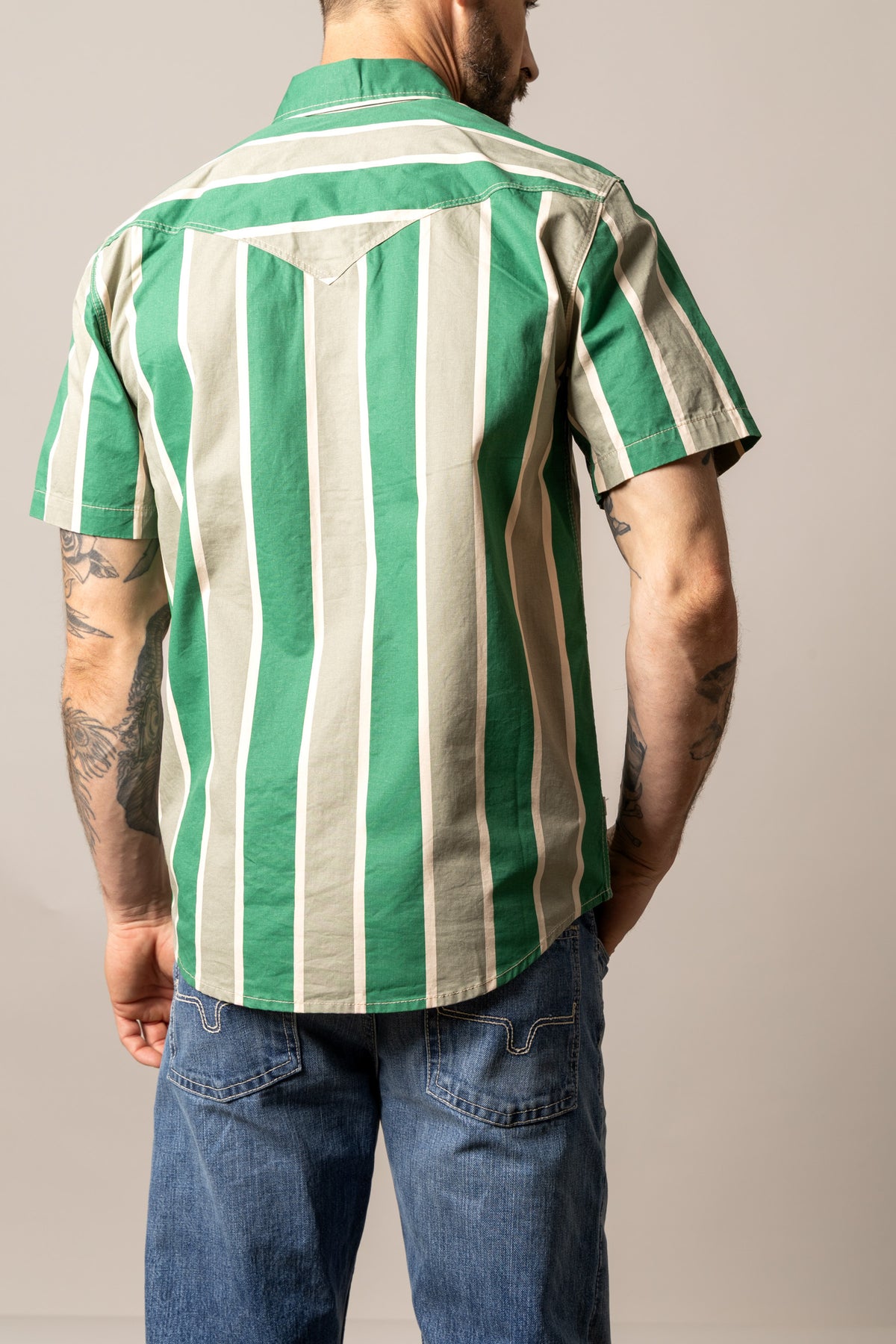 Kimes Ranch Stoppy dress shirt in Sage, back view, with vertical stripes and a back yoke