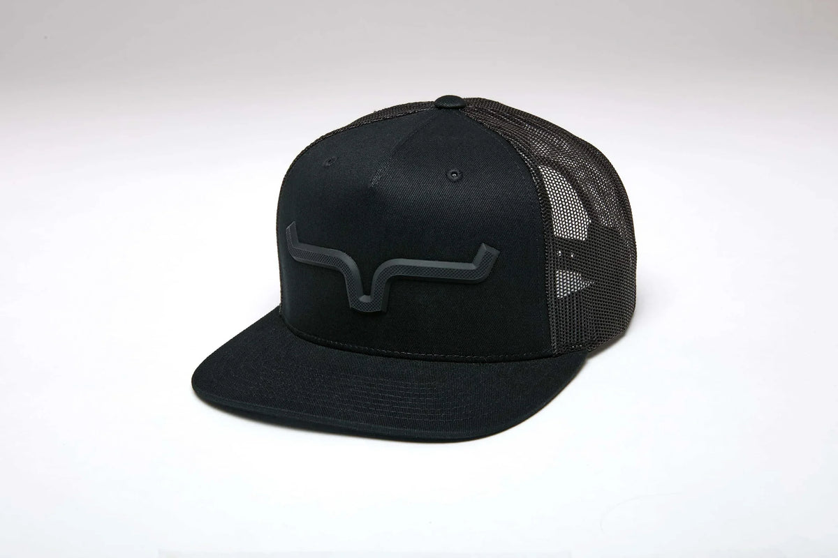 Kimes Ranch Super Charged Black trucker hat with a flat brim and a tonal Kimes Ranch logo on the front