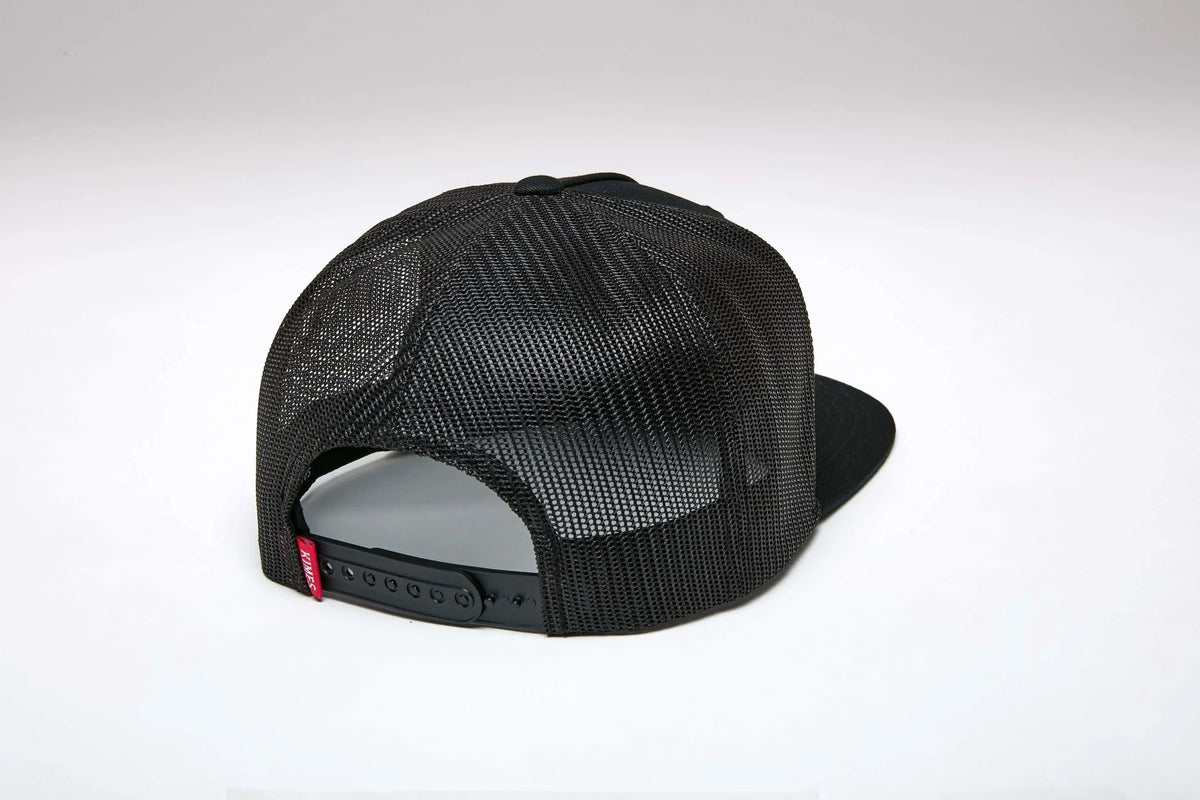 Kimes Ranch Super Charged, back view, Black trucker hat with mesh back and adjustable snap closure