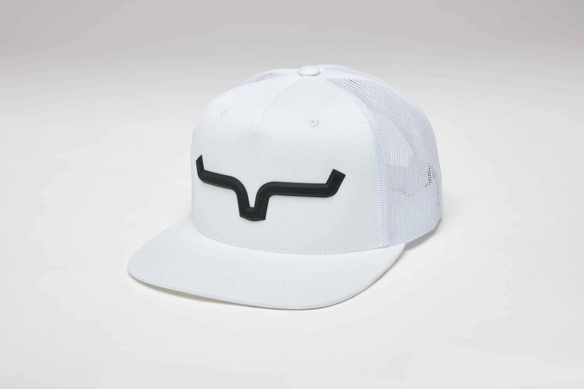 Kimes Ranch Super Charged White trucker hat with a flat brim and a black Kimes Ranch logo on the front