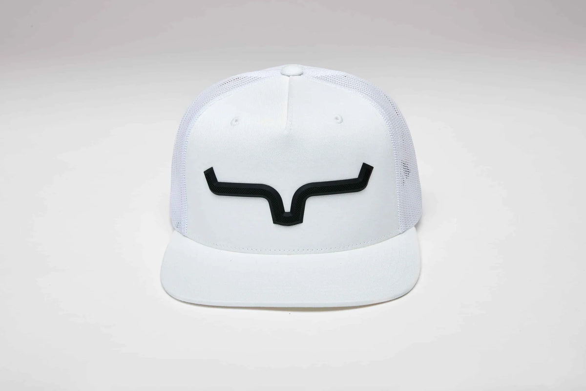 Kimes Ranch Super Charged White trucker hat with a black logo on the front