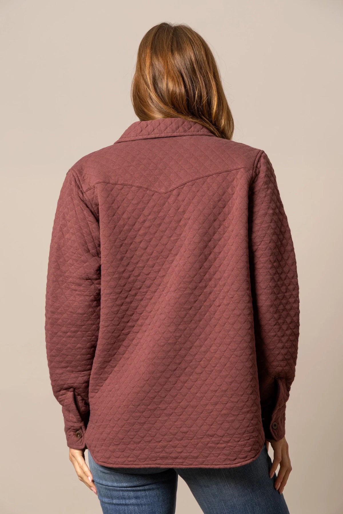 Kimes Ranch Susie Shacket in Mauve, back view, with diamond quilting and a western yoke