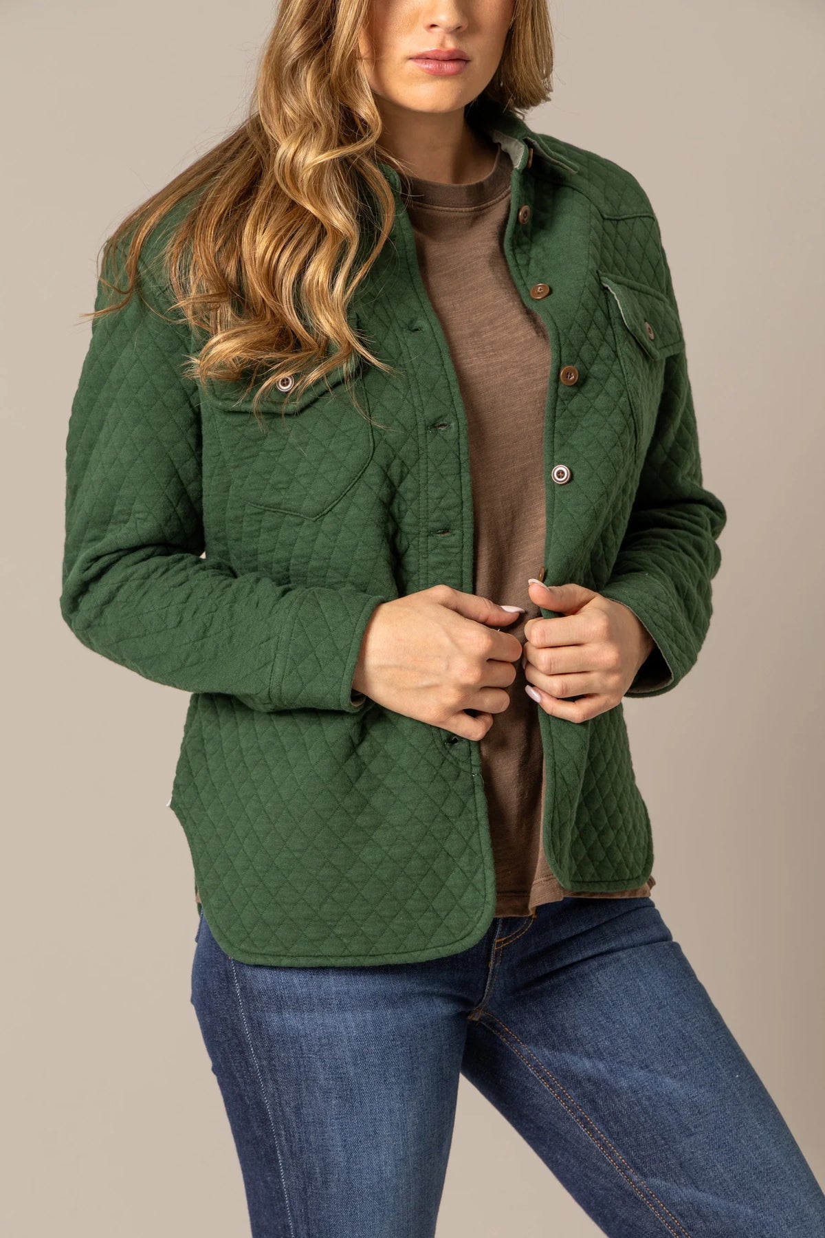 Kimes Ranch Susie Shacket in Forest with diamond quilting and button front