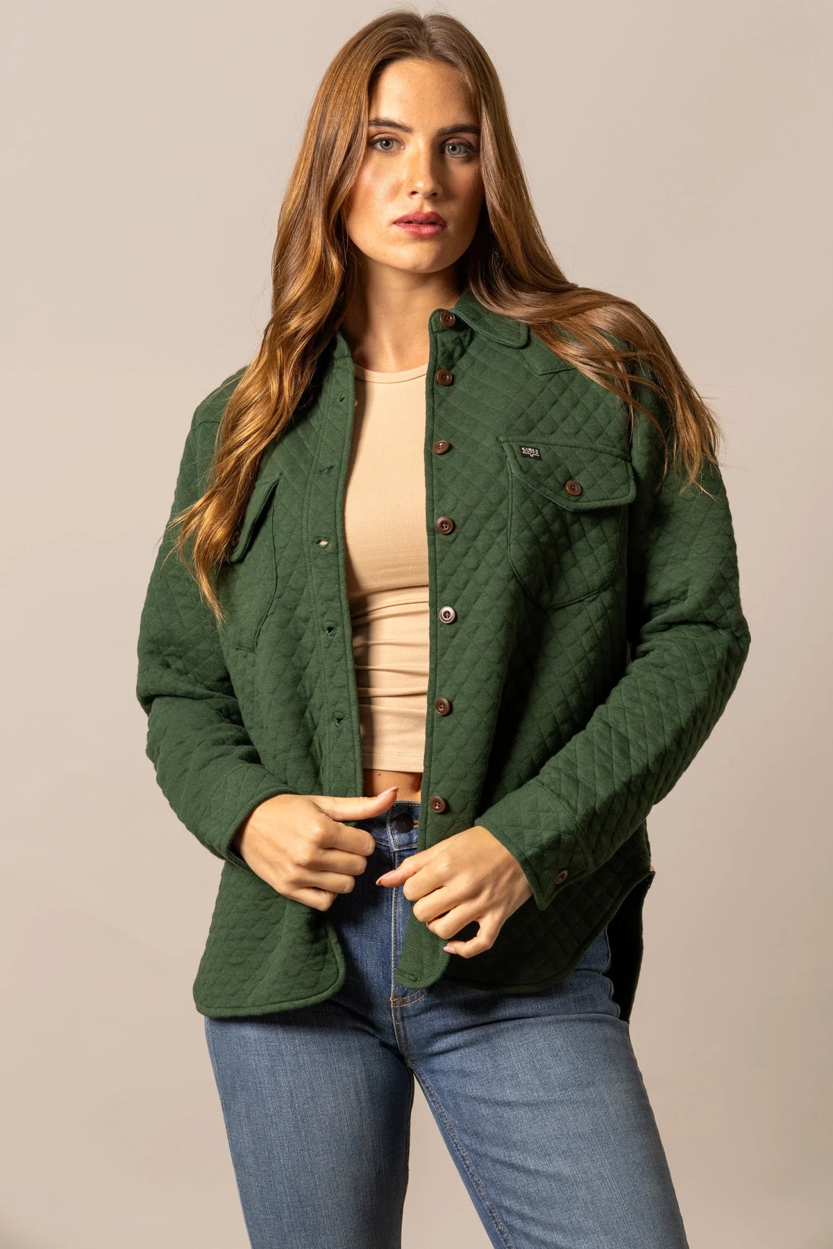 Kimes Ranch Susie Shacket in Forest with diamond quilting and front pockets