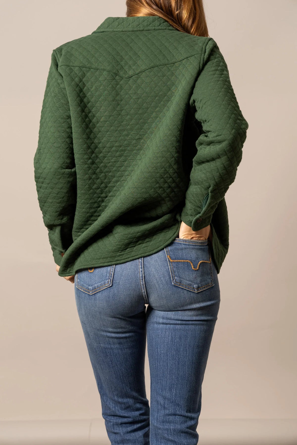 Kimes Ranch Susie Shacket in Forest, back view, with a diamond quilted back yoke and long sleeves