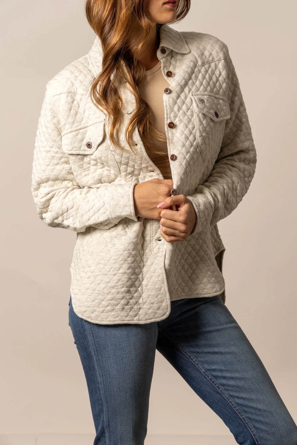 Kimes Ranch Susie Shacket in Natural with diamond quilting and front flap pockets