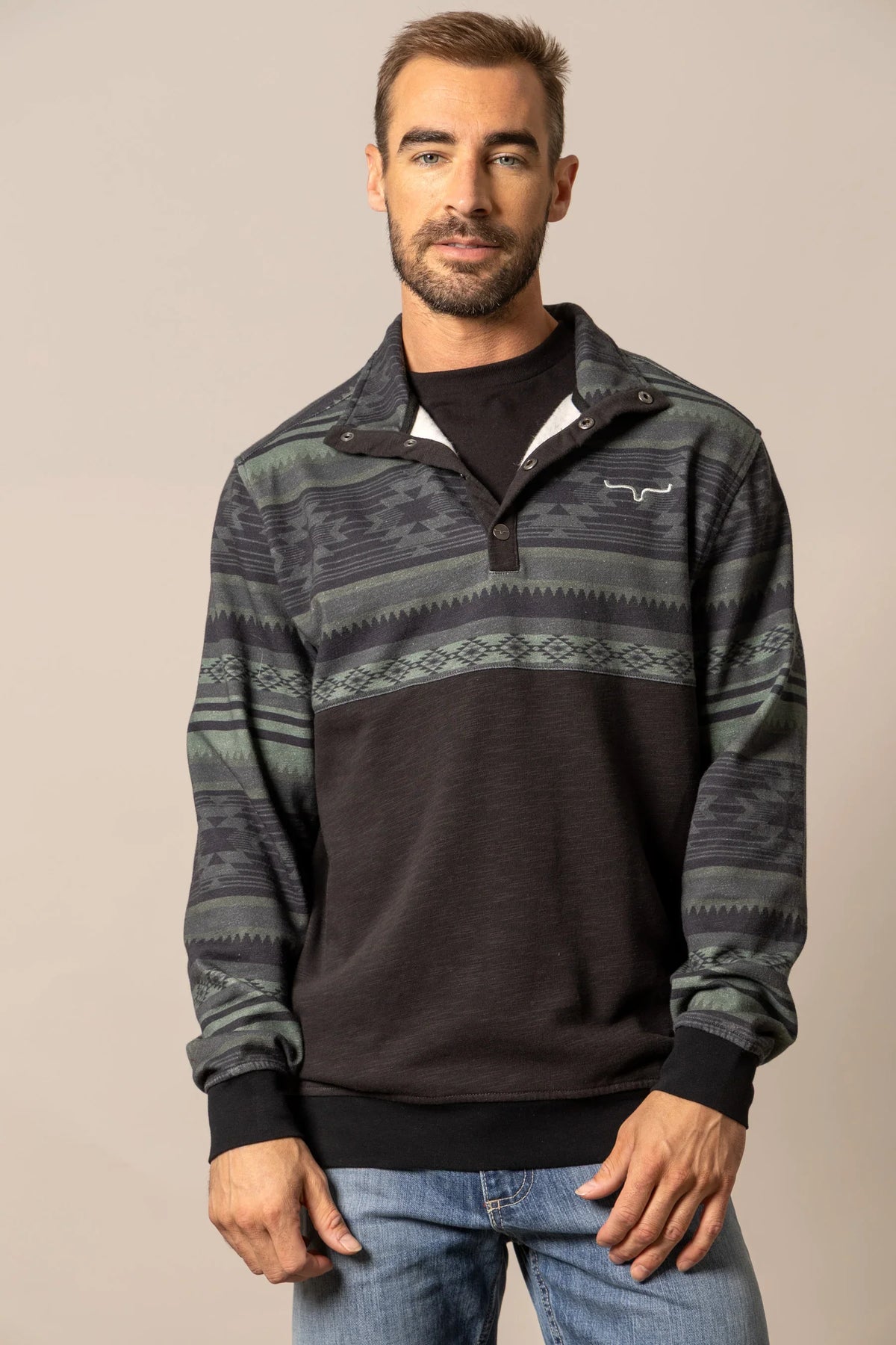 Kimes Ranch Tack Pullover sweatshirt in Black with aztec patterned shoulders and long sleeves with the Kimes Ranch logo