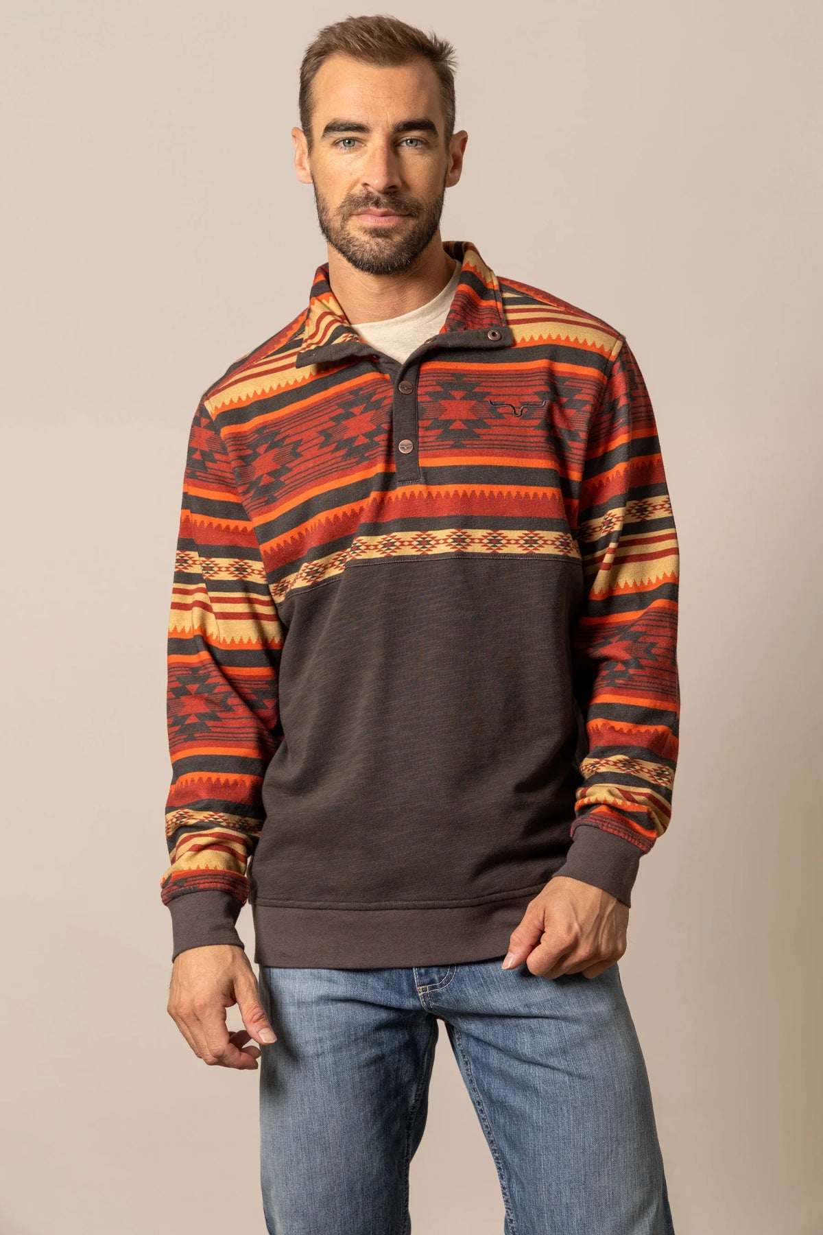 Kimes Ranch Tack Pullover sweatshirt in Brown with a geometric patterned yoke and long sleeves
